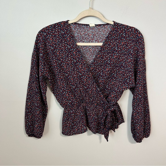 Anthropologie Lazy Sundays Navy Blue Red Faux Wrap Blouse Tie Front Size Small - Picture 1 of 4